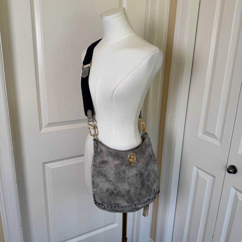 Aimee Kestenberg Distressed Grey Shimmer Suede Crossbody Bag, Removable Strap